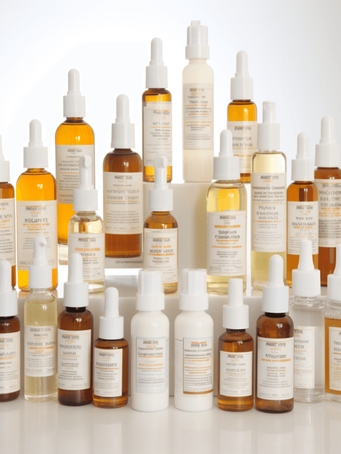 Skincare bottles with droppers and pumps arranged in rows