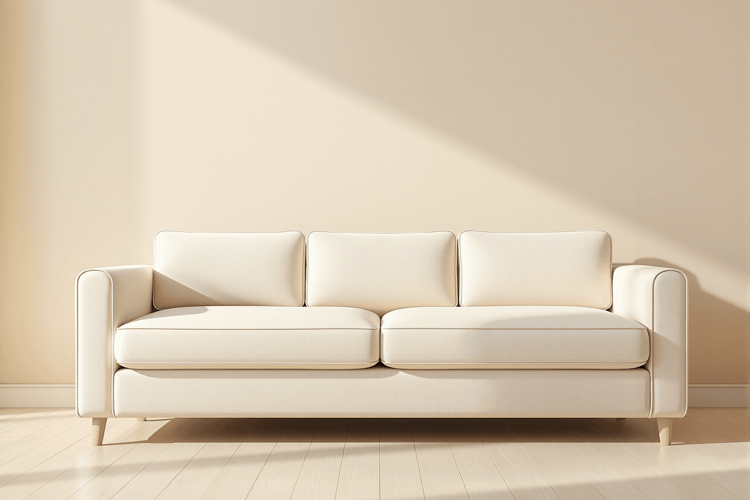 Cream sofa with wooden legs against a warm beige wall