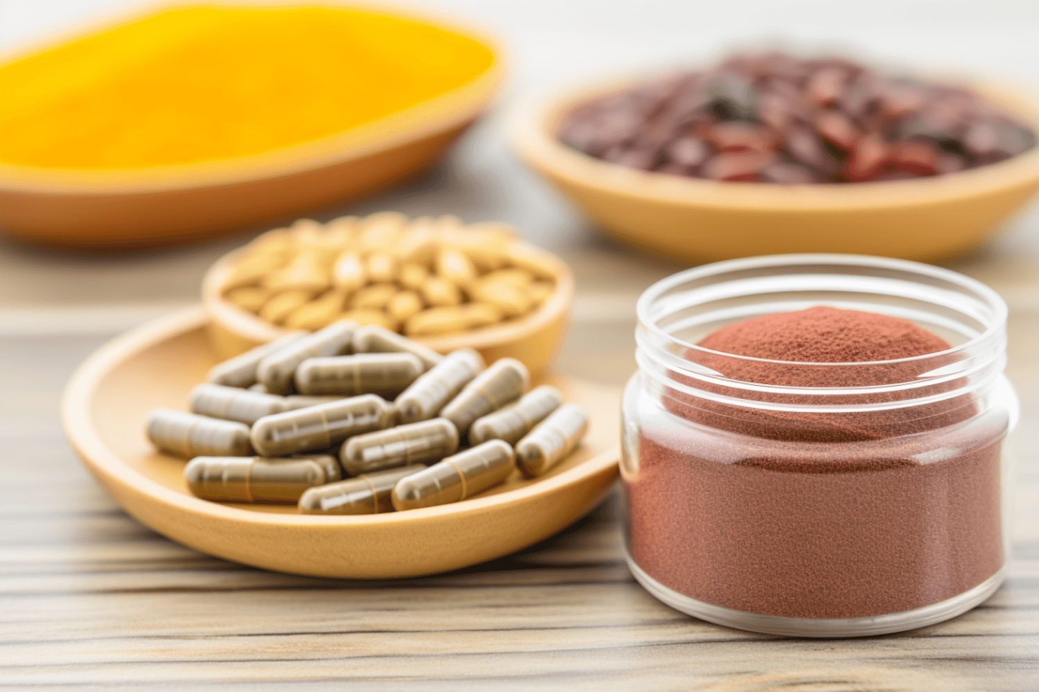 Dietary supplements in powder, capsule and tablet form on wooden plates
