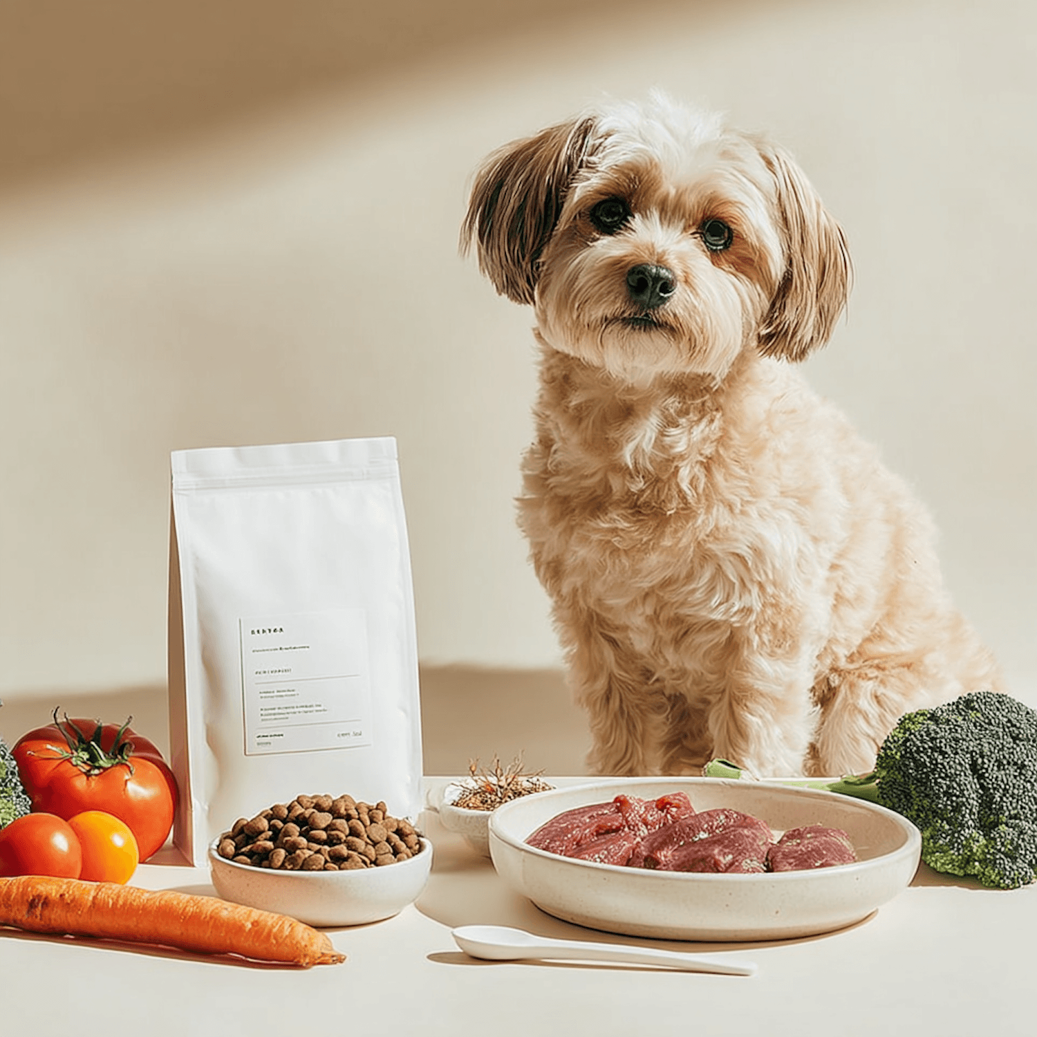 Dog sitting beside fresh ingredients and pet food