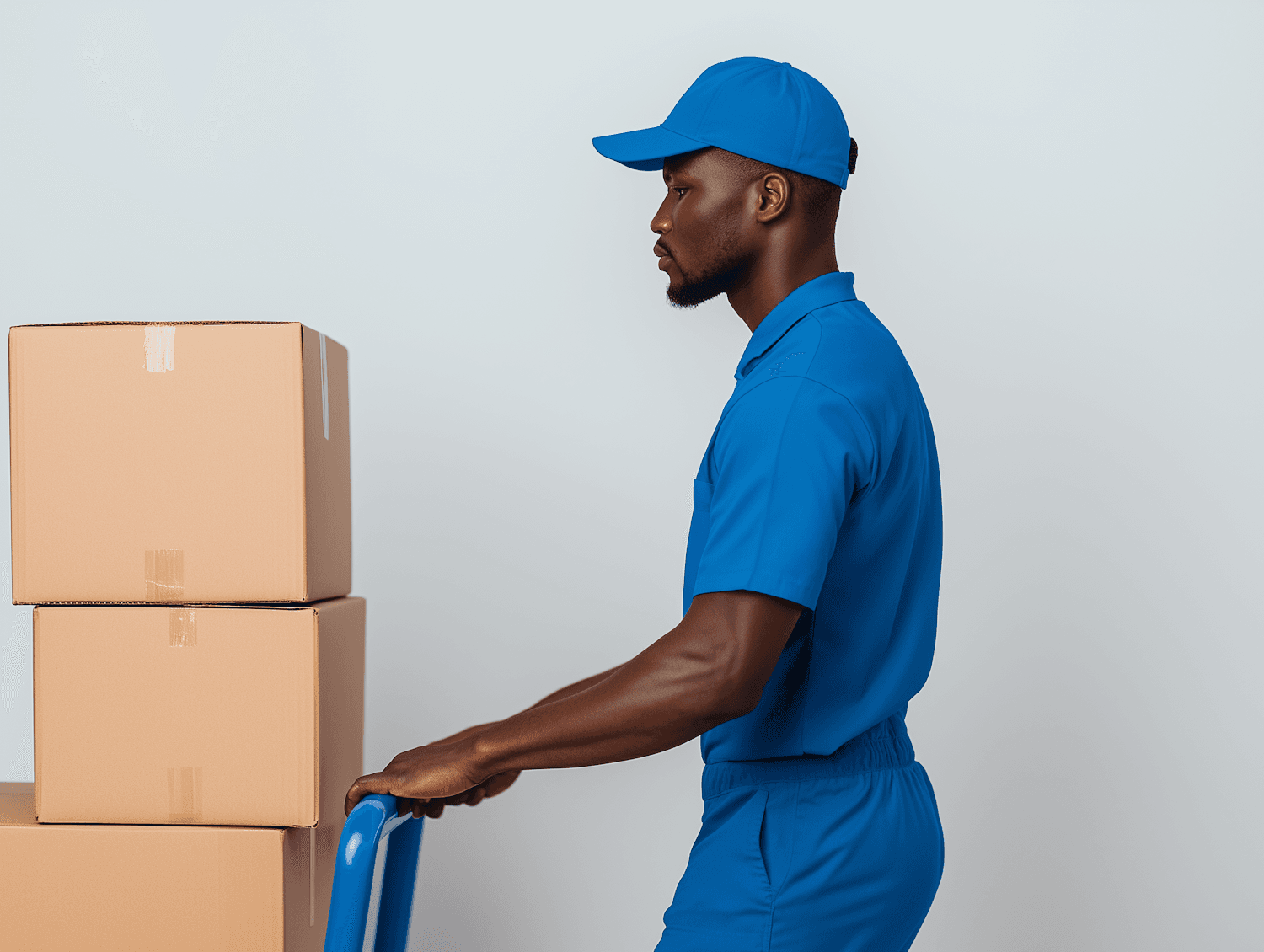 Warehouse associate moving a stack of shipping boxes